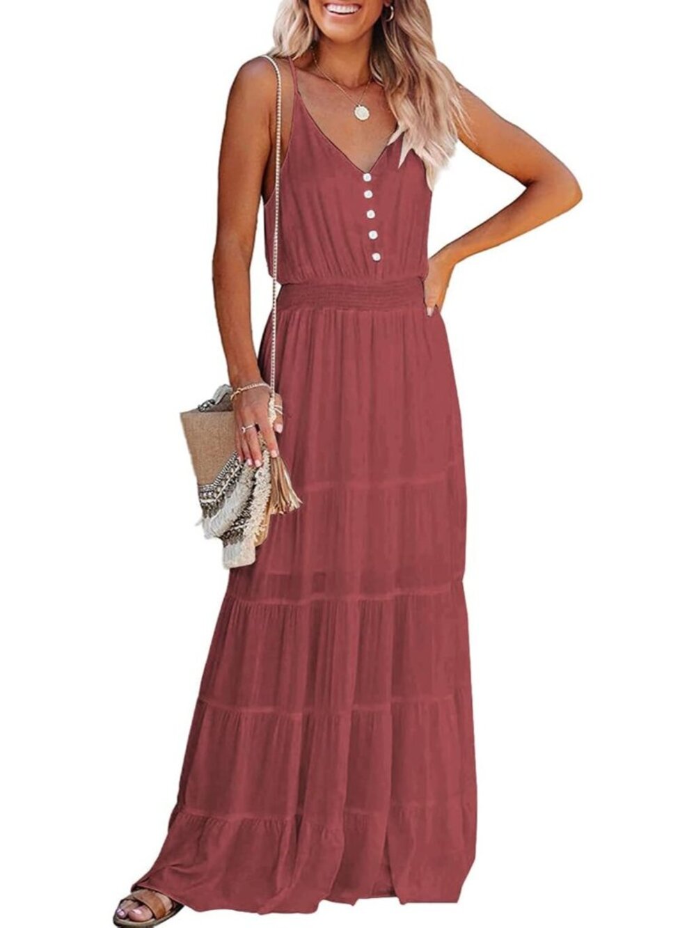 〽️Women's Brick Red V Neck Spaghetti Strap Maxi Dress Flowy Summer Sundress